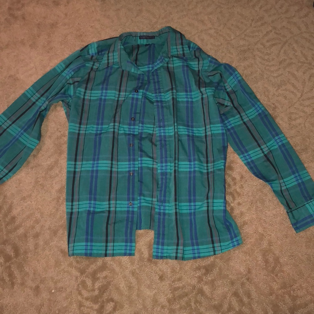 Green and blue plaid button down flannel